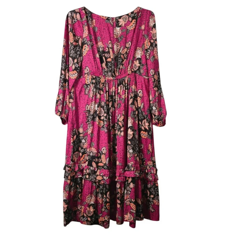 Lane Bryant 18 Dress Maxi Tiered Elastic Waist Ruffles Pink Brown